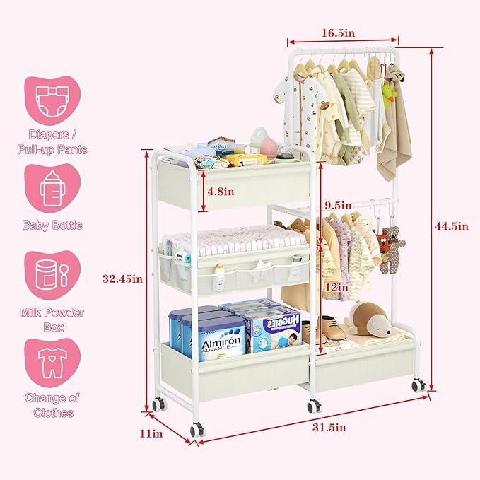 2in1 Baby Diaper Caddy & Clothes Organizer and Storage Rolling Cart, Large Capacity Nursery Organization For Baby Dresser,Changing Table, Crib, With 2 Dividers & 7 Pockets,White-Ruum Studio Home