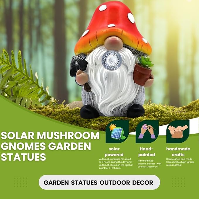 Solar Mushroom Gnomes Garden Statues Outdoor Decor with Night Glow,Cute Fairy Garden Statues for Yard,Pathway,Lawn Art Ornamen,Spring,Easter,Birthday Christmas Women Mom Gift Idea (Red)-Ruum Studio Home