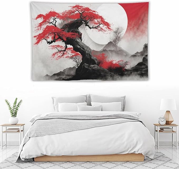 Cherry Blossoms Tapestry, Japanese Red Landscape Asian Watercolor Abstract Art, Bedroom Living Room Decor 90"x60"-Ruum Studio Home