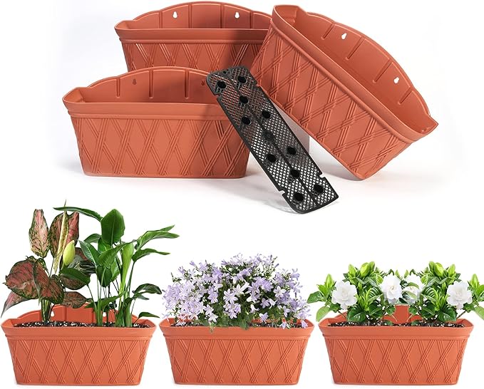 Sungmor 3 Pack Wall Hanging Planters, 16.5 Inch Railing Fence Hanging Flower Pots, Thickened Plastic Water Storage Plant Pot, Indoor Outdoor Garden Balcony Decor, Large Terracotta Color Plant Basket-Ruum Studio Home