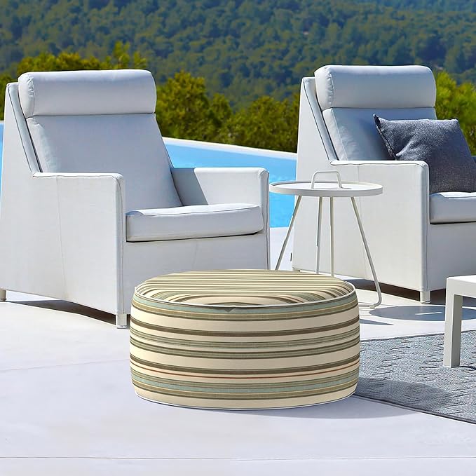 LVTXIII Outdoor Inflatable Ottoman, Fade-Resistant Round Footrest Stool D31”x H14”, Portable Patio Pouf for Garden Camping or Home Use, Stripe Onyx-Ruum Studio Home