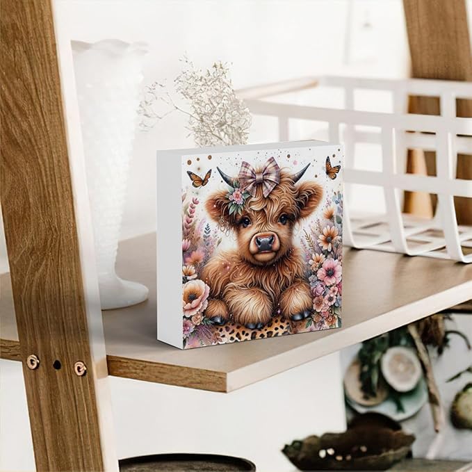 Highland Cow Baby Decor, Highland Cow Decor, Highland Cow Gifts for women, Highland Cow Nursery Decor, Gifts for Girls, Wooden Box Decor Sign for Home Farmhouse Office Living Room Table Shelf Tiered-Ruum Studio Home