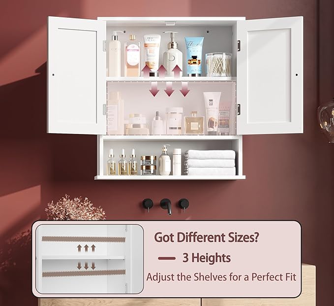 Bathroom Cabinet Wall-Mounted, White Storage Cabinets with Adjustable Shelves, Space-Saving Organizer with 2 Doors for Bathroom, Laundry, Kitchen - Moisture Resistant & Easy Install-Ruum Studio Home
