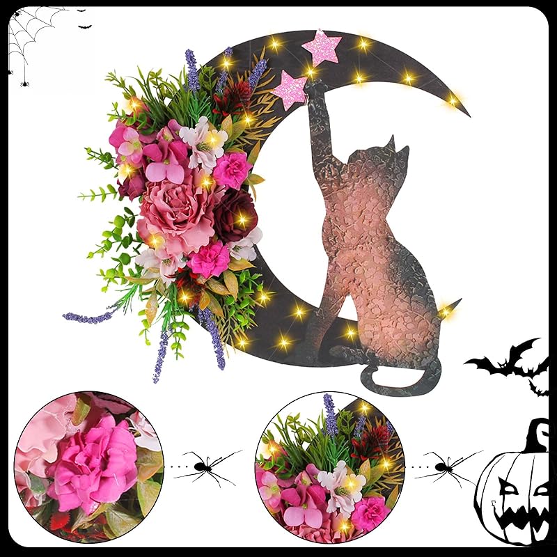 Halloween Wreaths for Front Door with Light, Black Cat Crescent Moon Wreath, Cute Cat Garland Halloween Door Decorations for Outdoor Indoor Decor Wall Window Home Party-Ruum Studio Home