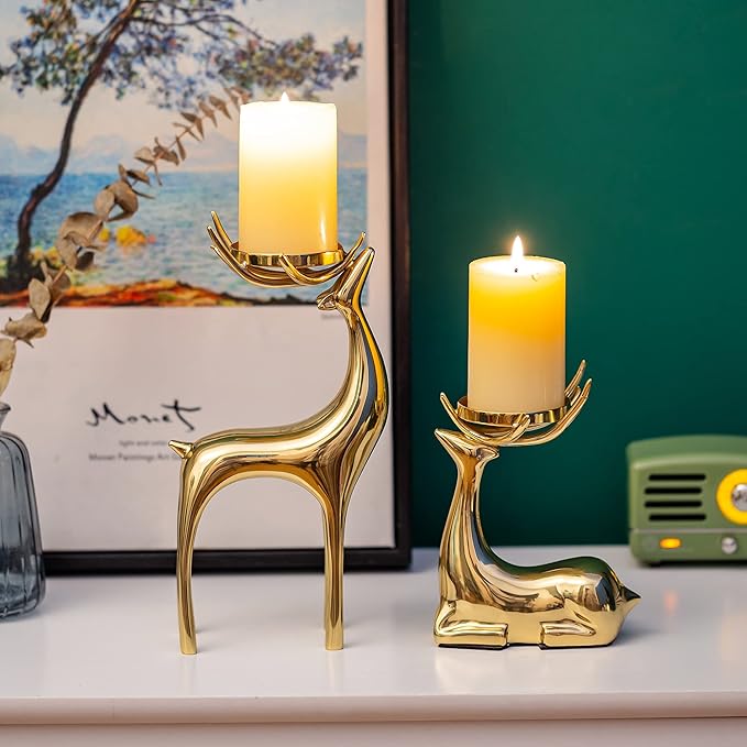 Sziqiqi Gold Reindeer Candle Holder for Pillar Candles Brass Reindeer Tealight Candle Holders Copper Deer Gift Christmas Decor for Table Centerpiece Living Room Mantle Decoration-Ruum Studio Home