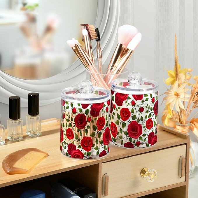 2 Pack Qtip Holder Dispenser Red Rose Flowers Bathroom Storage Canister Lid Acrylic Plastic Apothecary Jar Set Vanity Makeup Organizer for Cotton Swab/Ball/Round Pads, Floss-Ruum Studio Home