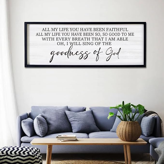 Goodness of God Framed Wall Art, 40''×15'' Positive Religious Black Bible Verse for Christian God Jesus Christ Prayer, Vintage Rustic Long Holy Catholic Scripture Decor-Ruum Studio Home