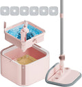Upgraded Spin Mop and Bucket Set Self-Standing Mop Bucket Separate Dirty and Clean Water System Self Wringing 360° Rotating 90° Foldabl Mops and Buckets for Floor Cleaning (Pink, 6Pads)-Ruum Studio Home