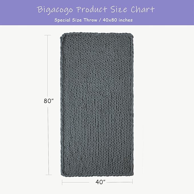 Bigacogo Chunky Knit Throw Blanket for Couch, 40x80 inches, 100% Hand Knitted with Thick Jumbo Chenille Yarn, Cozy Soft Large Rope Knot Cable Crochet Blankets for Sofa Bed Living Room, Iron Gray-Ruum Studio Home