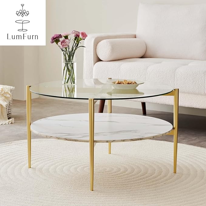 Round Coffee Table for Living Room, Mid-Century Modern Design, D30 x H17, 2-Tier Structure, Clear Glass Top and White Marble Finish Wood Shelf, Sleek Conical Metal Legs with Gold Finish Frame-Ruum Studio Home