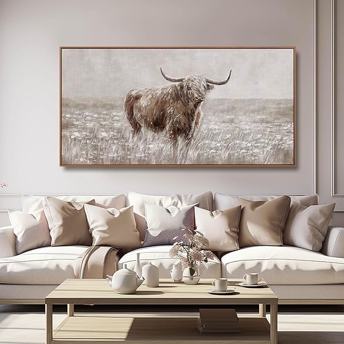 MLART99 Vintage Brown Highland Cow Painting Farmhouse Wall Art with Frame Country Decor Animal Poster for Living Room Bedroom Decor Ready to Hang 24x48-Ruum Studio Home