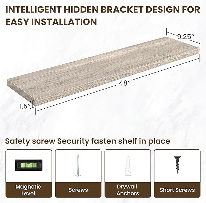 48 Inch Floating Shelves, 3D Textured Wood Grain, 48"x9.25"x1.5" Inch Deep Floating Shelves for Wall, Wooden Shelves for Bathroom, Bedroom, Living Room, Vintage Gray Oak-Ruum Studio Home