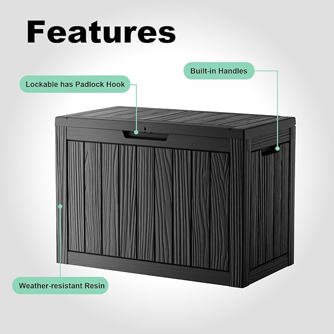 45 Gallon Resin Deck Box, Lockable Outdoor Storage Box for Patio Cushions Storage Furniture,Garden Tools, Pool Supplies, Weatherproof and UV Resistant（Black）-Ruum Studio Home