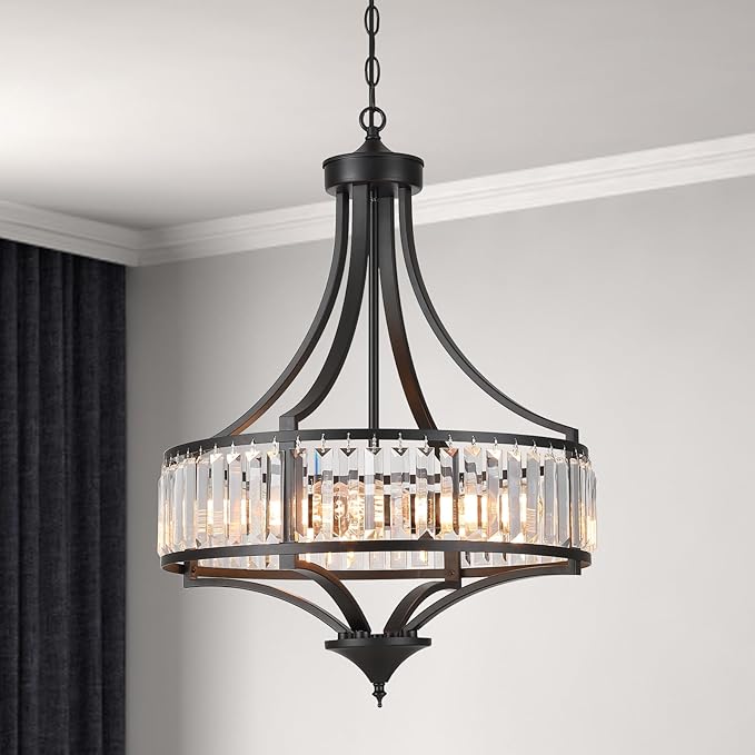 Modern Black Crystal Chandelier, 20 Inch Large Ceiling Pendant Light Fixture with 50'' Adjustable Hanging Chain, 5-Light Farmhouse Chandelier for Dining Room, Living Room, Bedroom, Entryway-Ruum Studio Home
