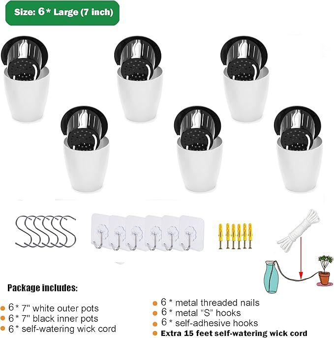 6 Pack White Hanging Planter Pots Self Watering Vertical Garden Wall Mount Window Hang Round Plastic Container Indoor Outdoor for Plants Flowers Succulent Kitchen Living Herbs Holder Decor(Large)-Ruum Studio Home