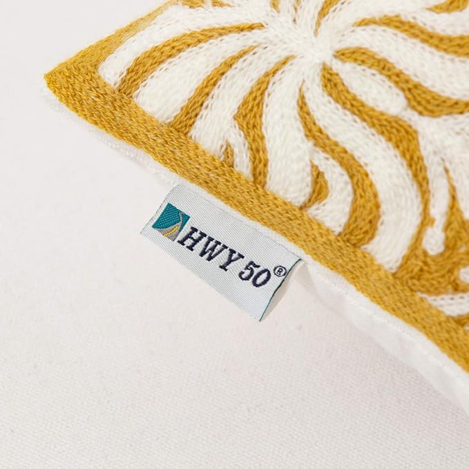 HWY 50 Mustard Yellow Decorative Lumbar Pillow Cover Rectangle 12x20 Inch (1 Piece), Embroidered Cotton Farmhouse Cushion Cover Pillow Case for Sofa Couch Living Room Bed, Minimalist Floral-Ruum Studio Home
