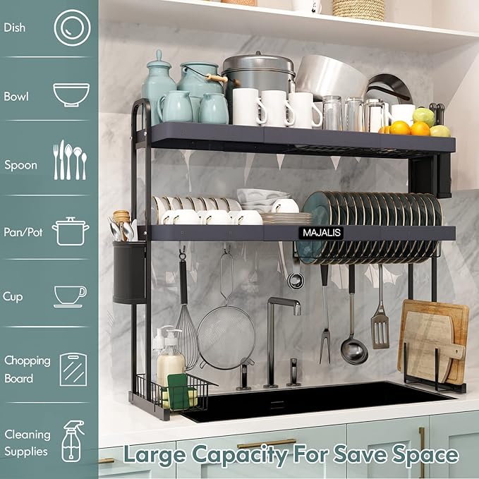 MAJALiS Over Sink Dish Drying Rack, Stainless Steel 2 Tier Large Dish Drainer Above Sink Adjustable 27.5" - 34.6", Expandable Kitchen Counter Organizer Storage Shelf with 6 Hooks-Ruum Studio Home