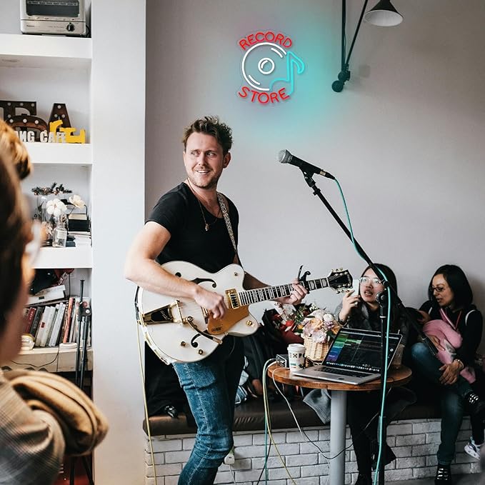 Record Store Neon Sign Music Neon Signs for Wall Decor Letter Neon Light Record Player Sign Live Music Neon Light Sign for Bar Concern Studio Decor(Red white)-Ruum Studio Home
