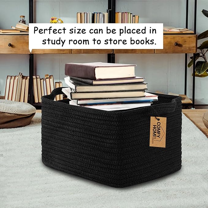 COMFY-HOMI Storage Basket for Shelves, Woven Baskets for Storage, Cotton Rope Basket,Toy Storage Organizer, Storage Cube Bin, Organization and Storage, Towel Baskets for Gift Empty, All Black-Ruum Studio Home