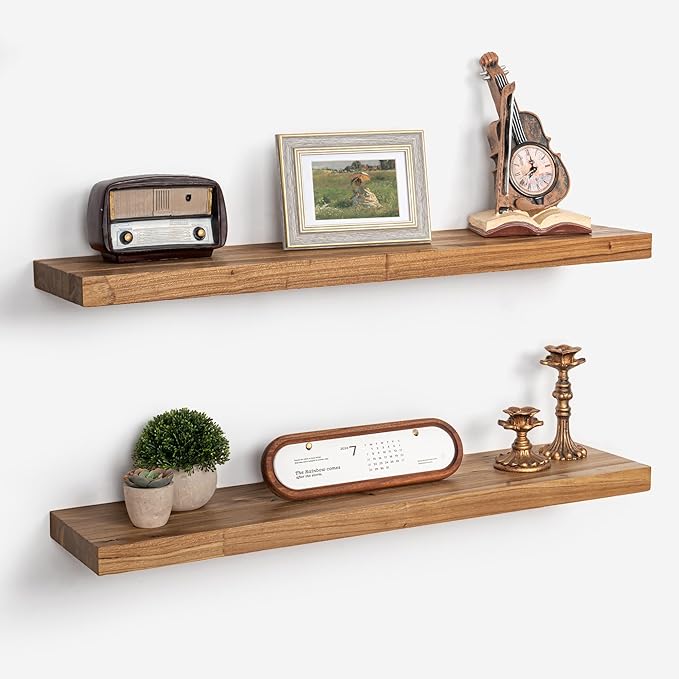 Axeman Floating Shelves for Wall - 32''W x 8'' D Rustic Solid Elm Wood Shelves for Storage, Wall Mounted Display Shelving with Invisible Heavy-Duty Metal Bracket (Natural, 2PCs)-Ruum Studio Home