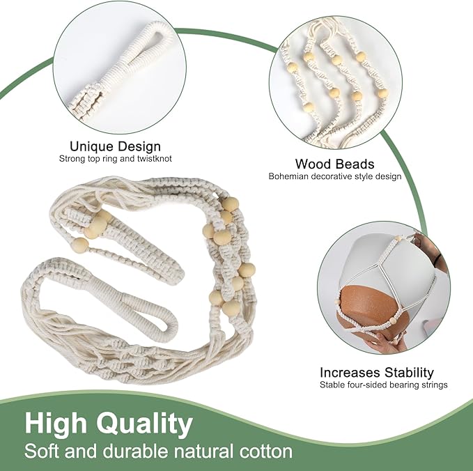 41.5 Inch Macrame Plant Hanger Indoor Outdoor with 12 Inch Flower Pot, Hanging Planter for Plants Holder with Wood Beads for Boho Home Decor (Ivory+White)-Ruum Studio Home