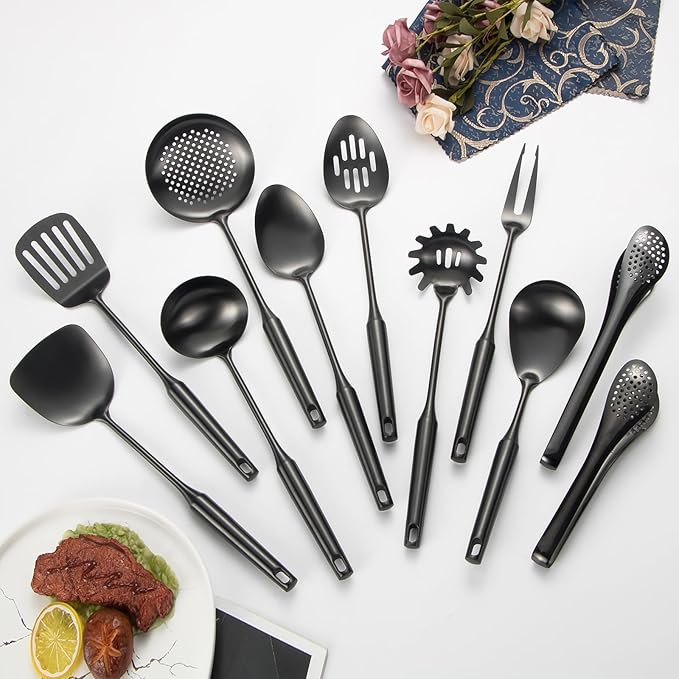 304 Stainlss Steel Matte Kitchen Utensils Set, 11 Pcs Long Metal Cooking Utensil Gadgets Tools Set with Spatula, Ladle, Spoon, Ladle, Skimmer, Tunner, Pasta Server, Tongs(Black, Dishwasher Safe)-Ruum Studio Home