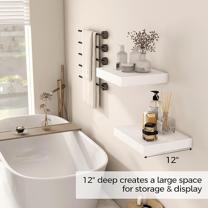 Fun Memories 12 Inch Floating Shelf, Rustic Wood Wall Shelves for Wall Decor & Storage, 12 x 12 Floating Shelf for Living Room, Bathroom, Bedroom, White, Set of 2-Ruum Studio Home