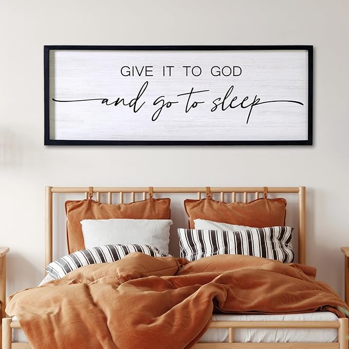 Give It to God and Go to Sleep Decorative Rustic Sign & Plaque Framed Wall Art for Couples, 40''×15'' Cottagecore Wooden Horizontal Wall Decor Above Bed, Vintage Farmhouse Wedding Gift for Bedroom-Ruum Studio Home
