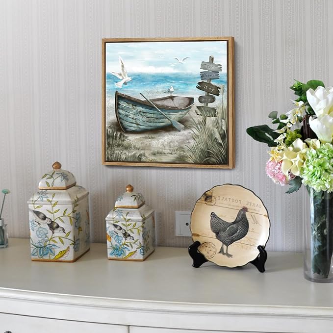 Framed Wall Art Beach Décor Ocean Canvas Picture Coastal Artwork Sea Bird Boat Blue Tan Small Rustic Beachy Canvas Print for Bathroom Bedroom Living Room-Ruum Studio Home