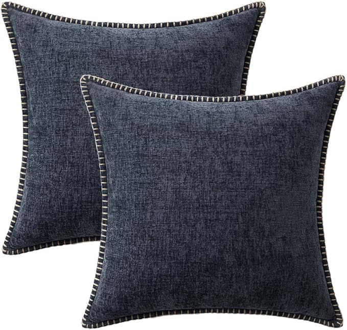 MIULEE Pack of 2 Couch Throw Pillow Covers 18x18 Inch Dark Blue Farmhouse Decorative Pillow Covers with Stitched Edge Soft Chenille Solid Dyed Spring Pillow Covers for Sofa Bed Living Room-Ruum Studio Home