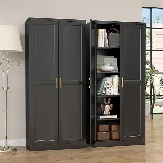Kitchen Pantry Cabinet,71”Black Metal Pantry Storage Cabinet with Doors and 4 Adjustable Shelves,Kitchen Cabinet with 2 Gold Handles,Tall Cabinet for Livingroom,Pantry, Bathroom-Ruum Studio Home