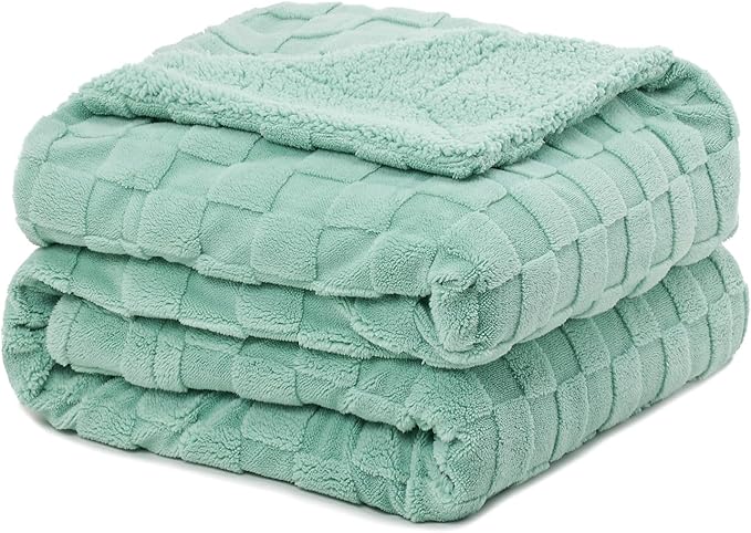 Pawque Super Soft Cozy Throw Blanket Twin Size for Couch Bed, Fluffy Sherpa Fleece Reversible Thick Warm Fuzzy Blanket for All-Season, 3D Checkered Jacquard Decorative Blankets, Sage Green, 60"x80"-Ruum Studio Home