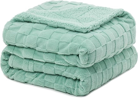 Pawque Super Soft Cozy Throw Blanket Twin Size for Couch Bed, Fluffy Sherpa Fleece Reversible Thick Warm Fuzzy Blanket for All-Season, 3D Checkered Jacquard Decorative Blankets, Sage Green, 60"x80"-Ruum Studio Home