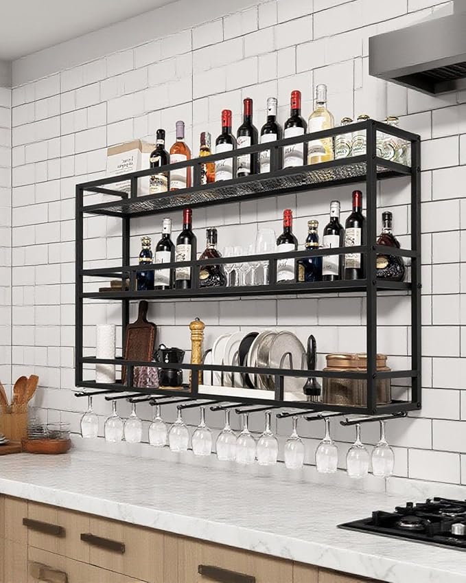 59" Large Wine Rack Wall Mounted with Bottle Glass Holder, 3-Tiers Metal Liquor Floating Shelves with LED Light, Wall Bar Shelf for Home, Restaurant, Commercial Bar, Kitchen Storage Display-Ruum Studio Home