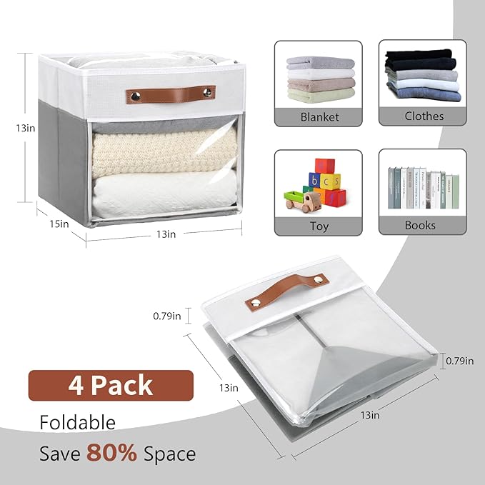 HNZIGE Fabric Cube Storage Bins - 4 Pack 13x15x13 Collapsible Storage Cubes for Organizing Shelves, Closet, Pantry - White, Gray-Ruum Studio Home