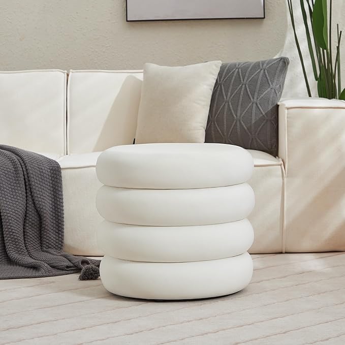 ONEVOG Round Storage Ottoman, 20" Small Ottomans Table with Removable Lid, Velvet Fabric Soft Footrest Stool for Couch, Upholstered Stuffed Circle Seat for Living Room/Bedroom/Dorm/Vanity, Lvory White-Ruum Studio Home