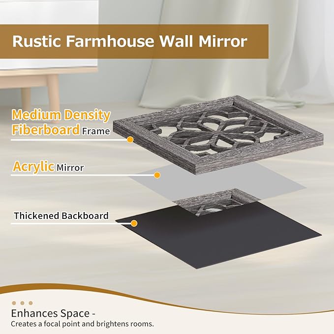 4pcs Farmhouse Wall Mirror with Carved Floral Design -Rustic Mirror Decor for Home, 12x12 inch(Brown)-Ruum Studio Home