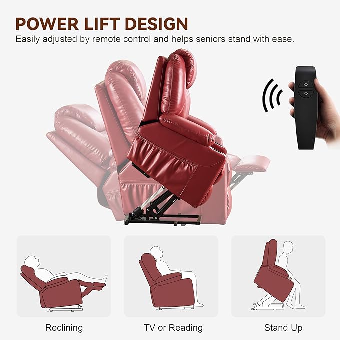 SALOHZA Power Lift Recliner Chair for Elderly with Massage and Heat for Living Room, Electric Recliner Chair for Adults with USB/Type C Port/Cup Holders, PU Faux Leather, Red-Ruum Studio Home
