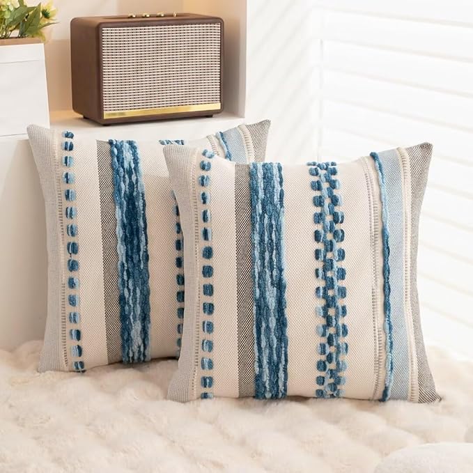 Boho Throw Pillow Covers 18x18 Set of 2 Farmhouse Decorative Cushion Case Striped Square Pillows Cover Chenille Pillow Cases Accent Neutral Pillowcase for Sofa Couch Bed,Sky Blue-Ruum Studio Home