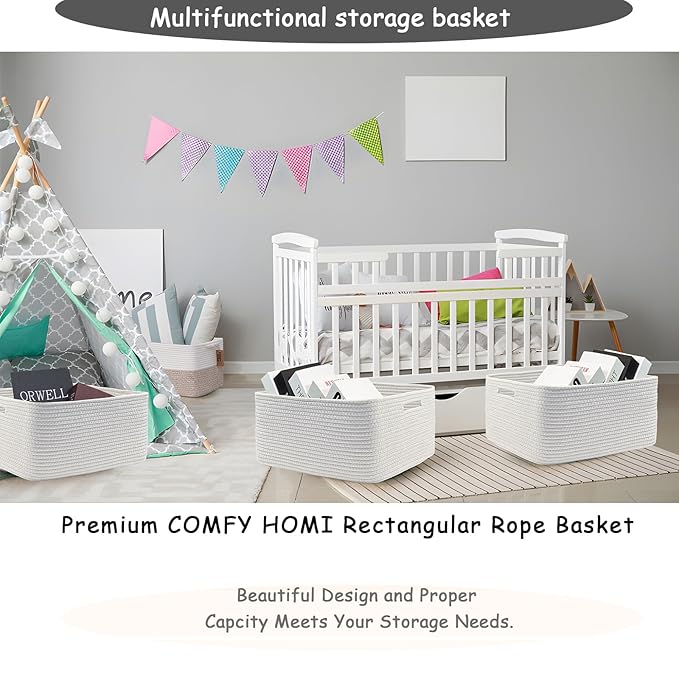 COMFY-HOMI Cotton Rope Woven Basket with Handles for Shelves,Toys,Book, Cloth Storage Baskets for Organizing-17" x 13" x 7.5" Toy Decorative Organizer for Living Room, Bathroom （All White）-Ruum Studio Home