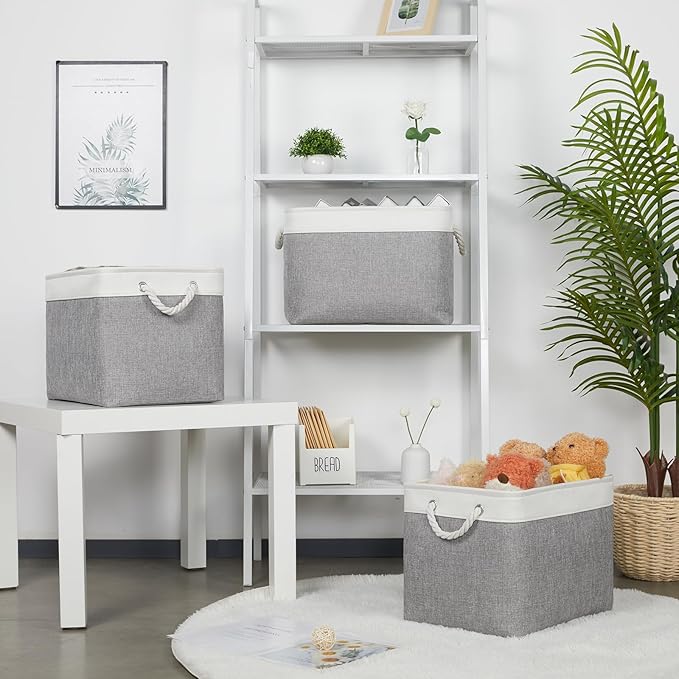 Bidtakay Large Storage Baskets for Organizing 3-Pack Fabric Closet Organizers Storage Bins with Handles 16x11.8x11.8 In Collapsible Baskets for Shelves Cloth Home Organization L-White&Grey-Ruum Studio Home