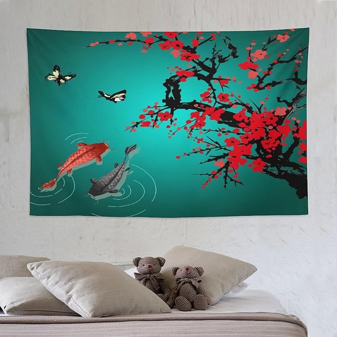 Houselerax Japanese Koi Fish Tapestry, Cherry Blossoms Asian Oriental Green Teal Floral Branch Koi Fish Carp Tapestries Wall Hanging for Bedroom Living Room Office Decor 90"x60"-Ruum Studio Home