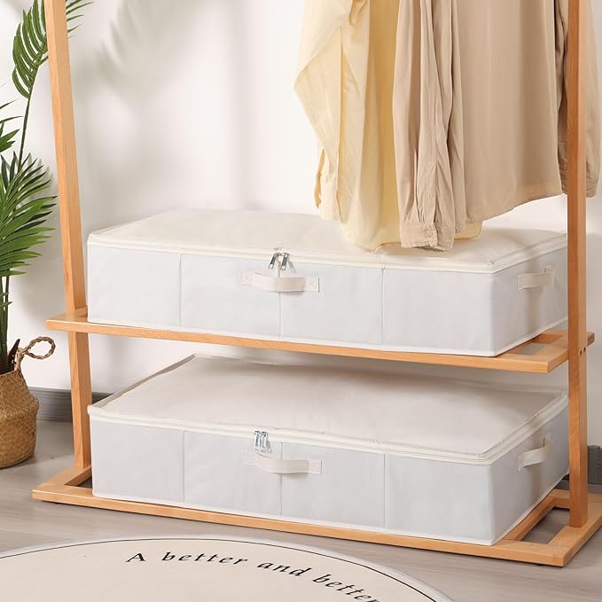 Under the Bed Storage Bins, Closet Organizers with Reinforced Handles for Blanket, Sheets, Pillows, Towels, Shoes, Beige, 2 Pack, 23.6 x 11.8 x 5.9 Inch-Ruum Studio Home