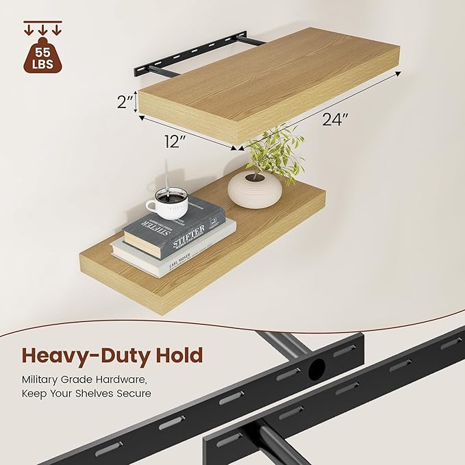 12 Inch Deep Floating Shelves 24 inch Long, 24 x 12 Wide Wall Shelves with Invisible Brackets, Heavy Duty Shelf for Bedroom Bathroom Living Room Kitchen Office Home Decor, Modern Shelf Set of 2, Oak-Ruum Studio Home