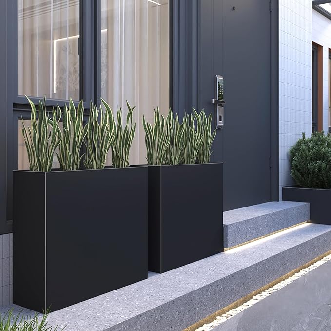 Galvanized Steel Metallic Heavy Planter for Outdoor Plants Metal Outdoor Planter Spliced Flower Box with Partitions for Outside,Indoor,Garden (Black, 30 * 12 * 24)-Ruum Studio Home