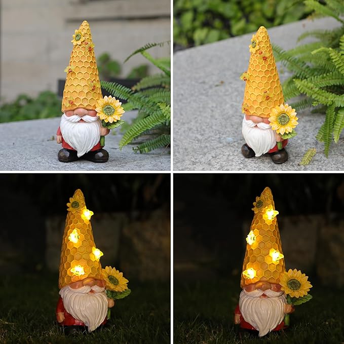 Solar Gnome Garden Decor Outdoor Statue - Gnome Sunflower LED Waterproof Sculptures Lights, Gnome Pond/Yard Statues Outside Decoration, Home, Lawn, Patio, Resin Animal Ornament, Women/Gardening Gift-Ruum Studio Home