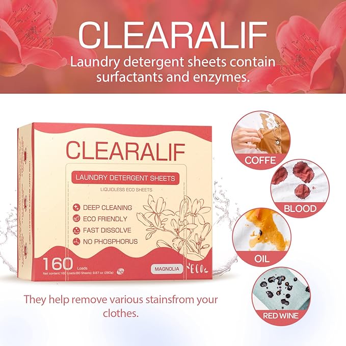 Laundry Detergent Sheets Up to 160 Loads, Magnolia - Great For Travel,Apartments, Dorms,CLEARALIF Laundry Detergent Strips Eco Friendly & Hypoallergenic - 80 Sheets-Ruum Studio Home