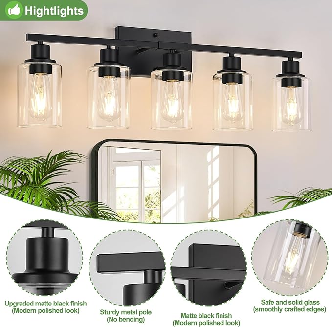 5-Light Bathroom Light Fixtures, Matte Black Modern Vanity Lights with Clear Glass Shades, Bathroom Vanity Light for Mirror Living Room Cabinet Bedroom Porch-Ruum Studio Home