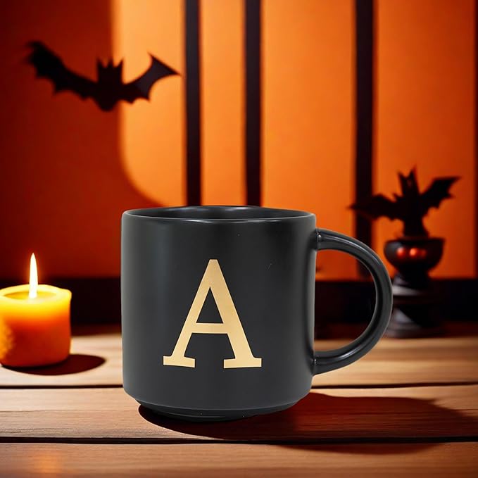 COLLECTIVE HOME - Monogram Ceramic Mugs, 15 oz Golden Initial Black Coffee Cups, Elegant Alphabet Tea Mugs, Elegant Personalized Mug with Gift Box, Unique Mug with Double Side Capital Lette (A-1)-Ruum Studio Home