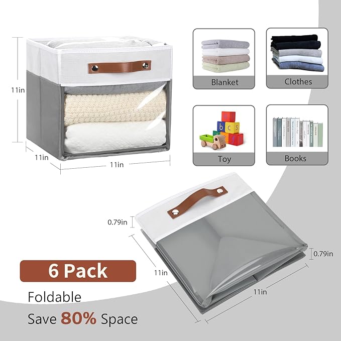 HNZIGE 11x11 Cube Storage Bins for Cube Organizer, Clear Fabric Storage Cubes for Storage Shelves, Collapsible Decorative Storage Bins for Clothes Closet Toys Cubby Storage Bin(White Gray 6 PCS-Ruum Studio Home